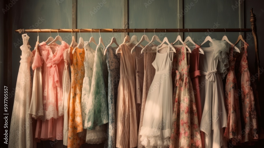 Collection of pretty dresses on a hanger. AI generated