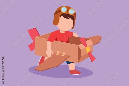 Graphic flat design drawing creative little boy playing as pilot with cardboard airplane. Happy kids riding handmade airplane. Plane game for children at playground. Cartoon style vector illustration