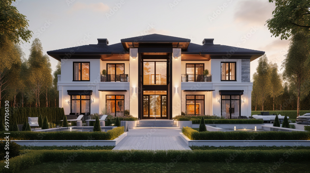 Exterior of modern luxury house with garden and beautiful sky, AI ...