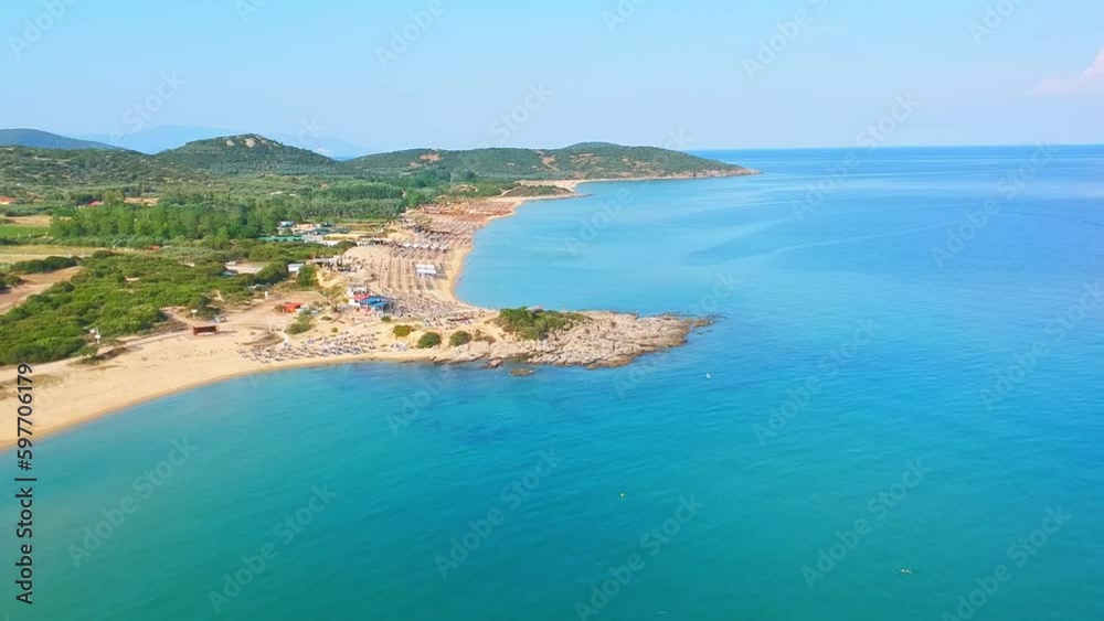 Aerial view of nice Ammolofoi sand beach near Kavala, Greece, Europe Aerial view of nice Ammolofoi sand beach near Kavala, Greece, Europe