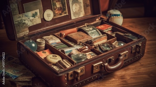 Old vintage suitcase with travel souvenirs. AI generated
