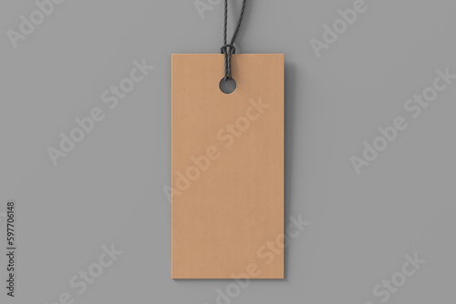 Cardboard rectangular tag mockup on gray background. View directly above