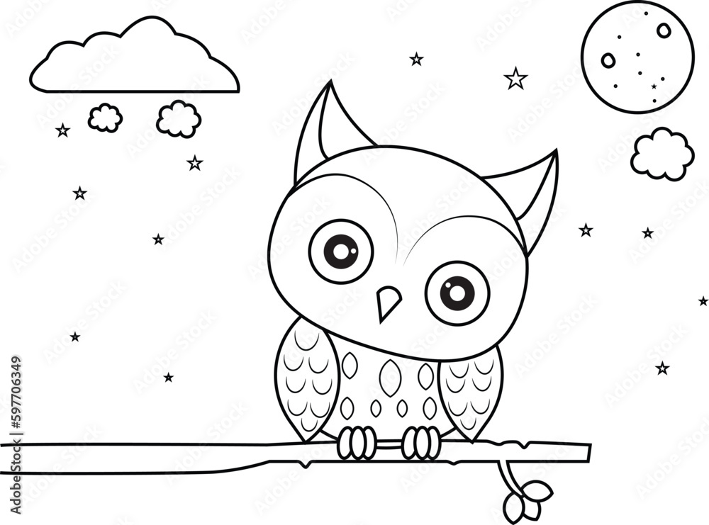 Cute Owl In The Bunch With Moon In Background Coloring Page Vector