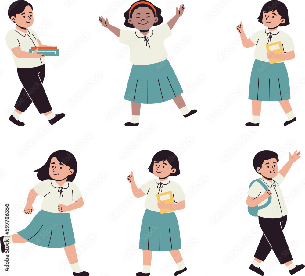 Set of cute school kids in different poses. Vector illustration in cartoon style.