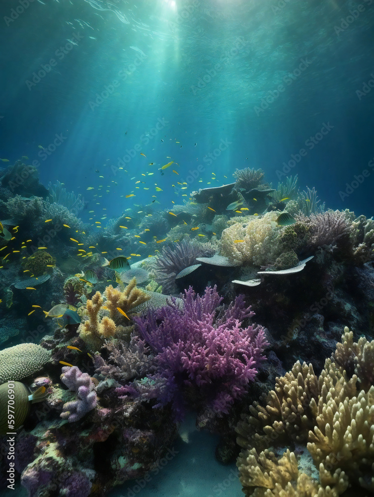 Obraz premium Discover the Wonders of the Deep: A Colorful Underwater World with Reef Fish and Whales. Generative AI