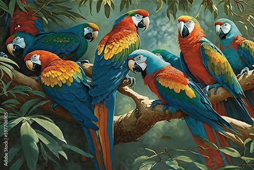A flock of macaws in the treetops, generative AI © Kien