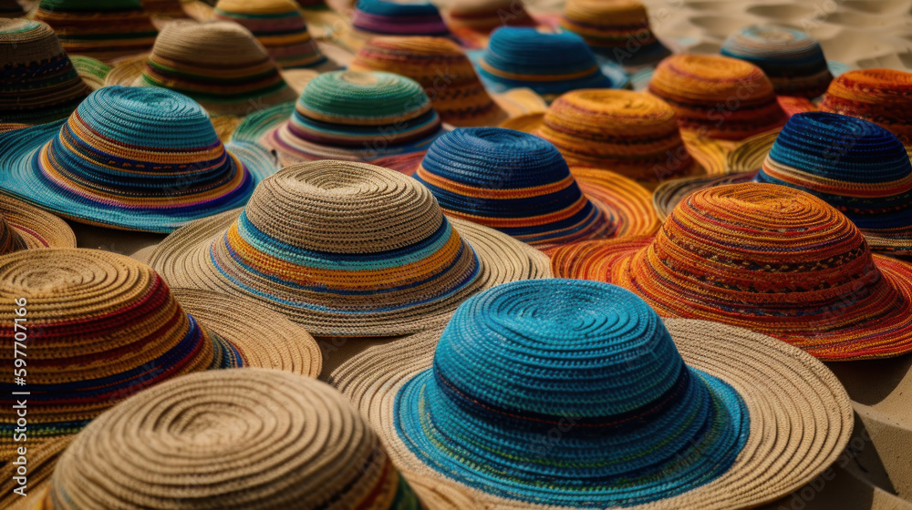 Many brightly colored straw hats on the beach at a vendor's stand, generative ai
