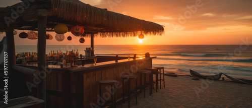 Chill-out bar on the beach at sunset, generative ai