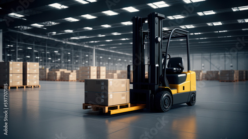 Pallet lifting forklift machine in a large logistics and courier warehouse, generative ai