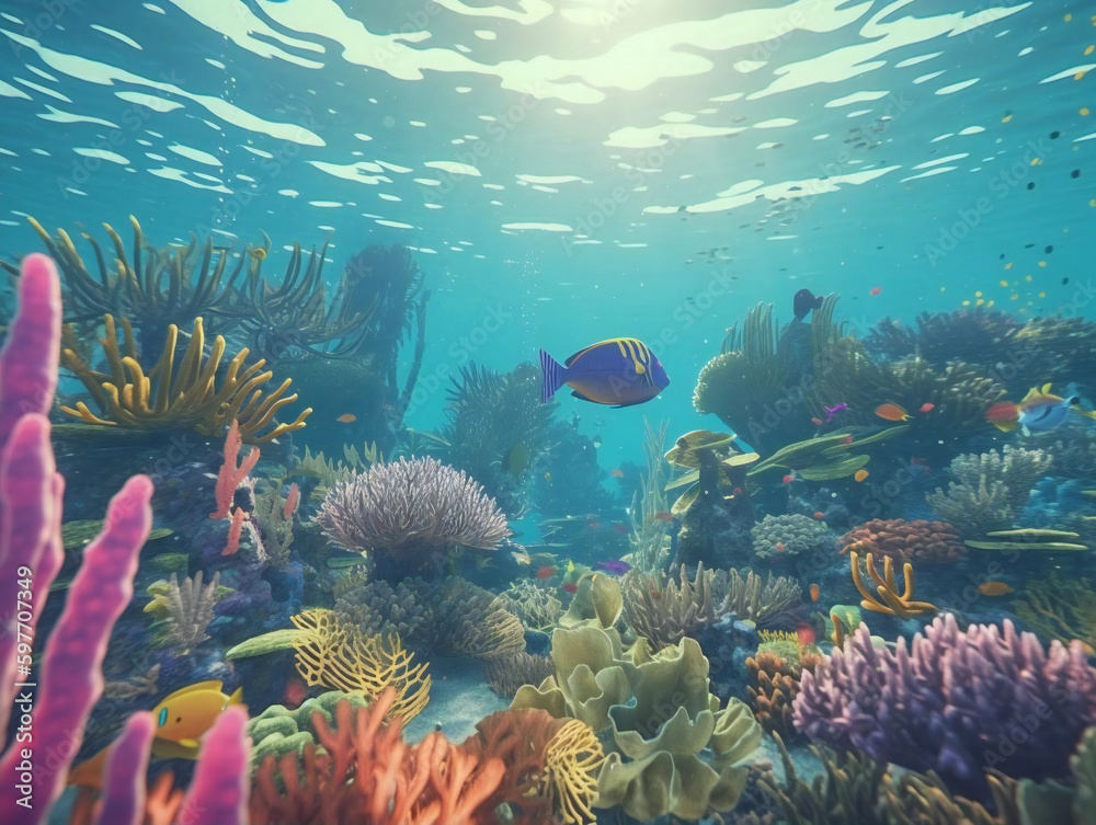 Fototapeta premium Discover the Wonders of the Deep: A Colorful Underwater World with Reef Fish and Whales. Generative AI