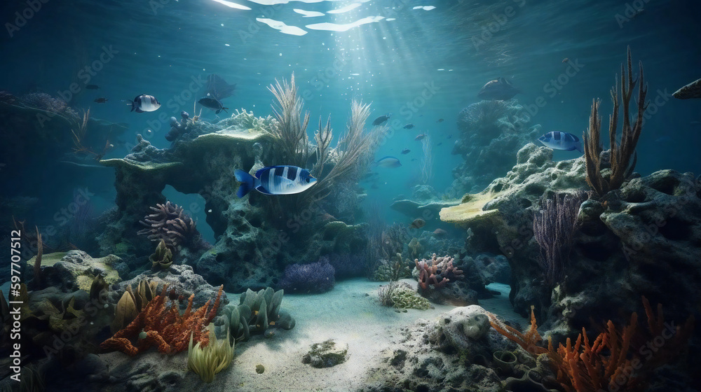 Fototapeta premium Discover the Wonders of the Deep: A Colorful Underwater World with Reef Fish and Whales. Generative AI