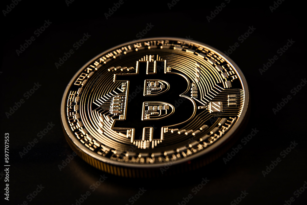 Golden Bitcoin on dark backround. New virtual money. Crypto currency. Creative artwork decoration. Selective focus. AI generated content