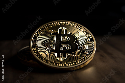 Golden Bitcoin on dark backround. New virtual money. Crypto currency. Creative artwork decoration. Selective focus. AI generated content