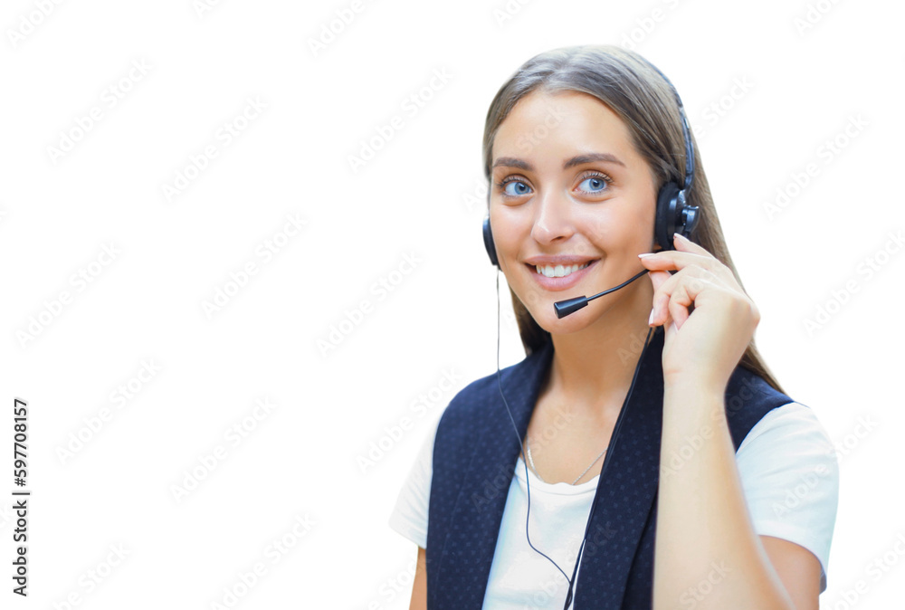 Portrait of call center worker accompanied by his team. Smiling customer support operator at work on a transparent background Portrait of call center worker accompanied by his team. Smiling customer support operator at work on a transparent background