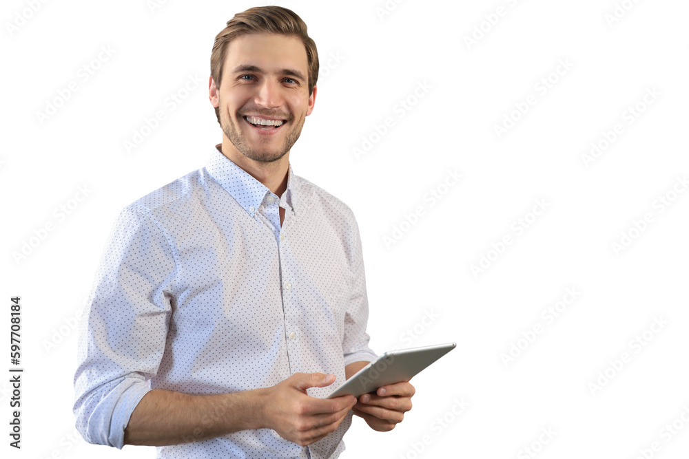 Handsome businessman using his tablet standing on a transparent background Handsome businessman using his tablet standing on a transparent background
