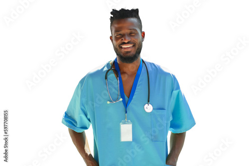 African male doctor wearing medical coat standing on a transparent background