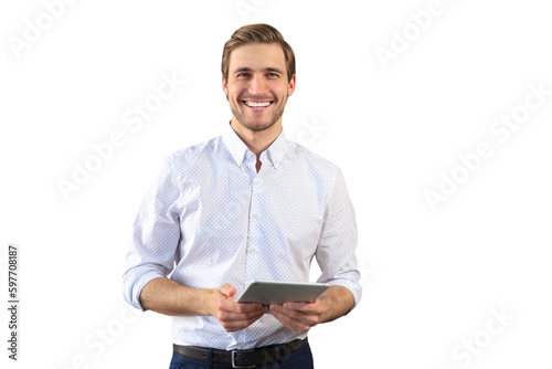 Fototapeta Handsome businessman using his tablet standing on a transparent background