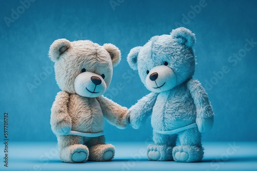 teddy bears on a blue background hold hands