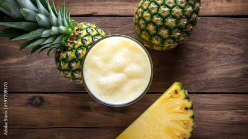 Fresh Pineapple Smoothie on Rustic Wooden Table