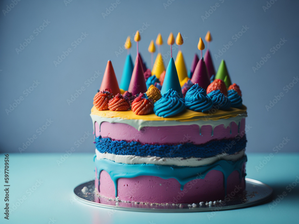 Birthday cake with colorful frosting and candles on blue background. AI ...