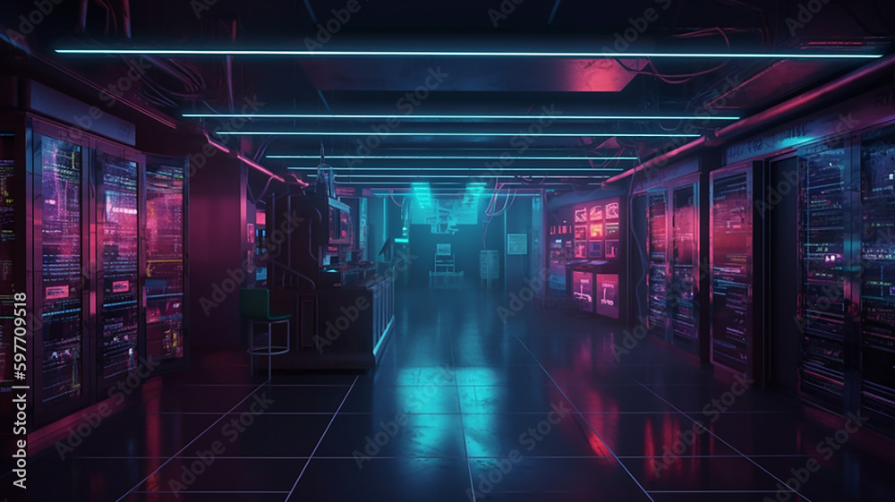 A dark server room with pink and light blue lighting elements, AI generated design A dark server room with pink and light blue lighting elements, AI generated design