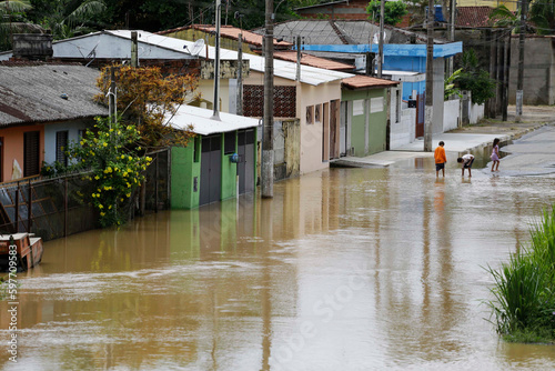Aerial view of a big flood in a residential neighborhood of Juquia city, Ribeira valley, south of Sao Paulo state, Brazil, after heavy rains hit the region.