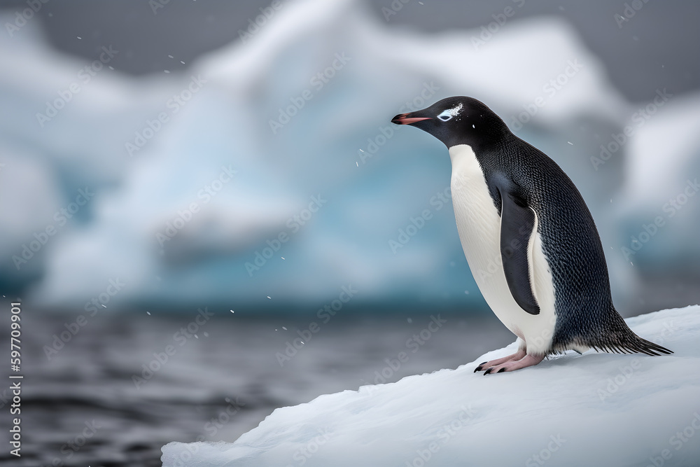 Naklejka premium Adelie Penguins on an iceberg in Antarctica generated by AI.