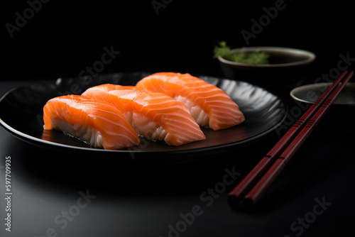 raw fresh salmon sushi Japanese food generated by AI.
