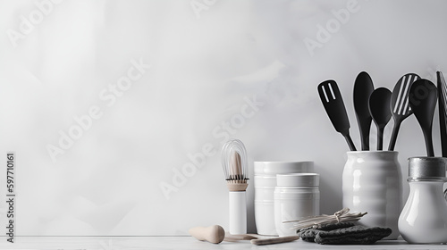 Kitchen utensils background with a blank space for a text, home kitchen decor generated by AI.