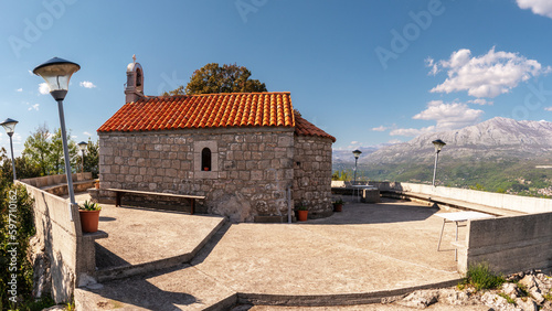 Saint Eliah church on stone flat plateau high in mountain