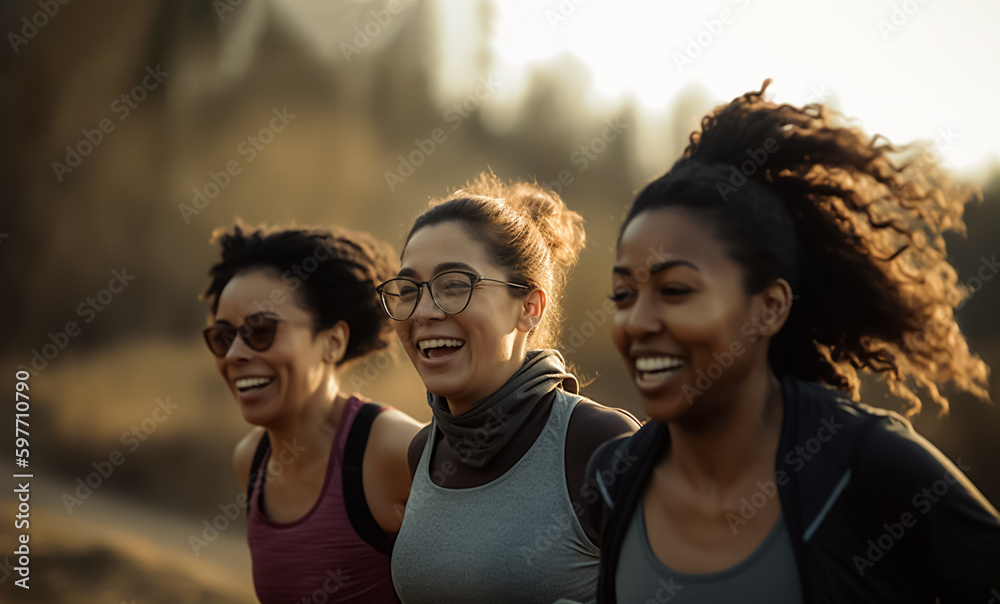 Group of female friends jogging in city park, enjoying healthy active lifestyle, Multi ethnic cultural background, shallow depth of field, Illustrative Generative AI. not real people.