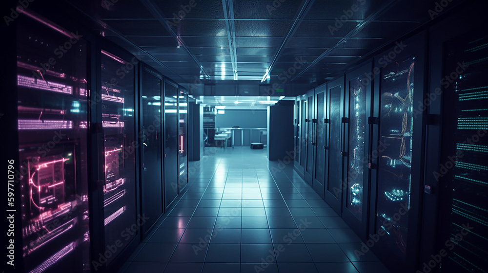 Fototapeta premium A dark server room with light blue lighting elements, AI generated design