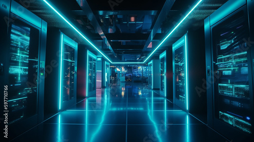A dark server room with light blue lighting elements, AI generated design