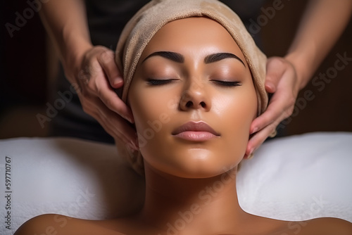 Woman getting facial care by beautician at spa salon, side view, Face peeling mask, spa beauty treatment, skincare generated by AI.