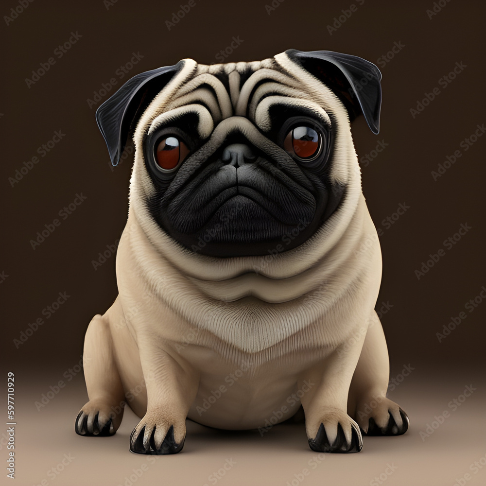ai-generated, illustration of a cute well-behaved pug dog