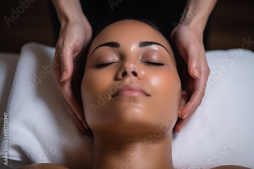 Woman getting facial care by beautician at spa salon, side view, Face peeling mask, spa beauty treatment, skincare generated by AI.