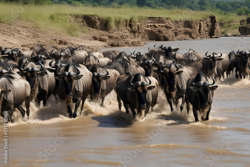 Wildebeest herd crossing the Mara River generated by AI.