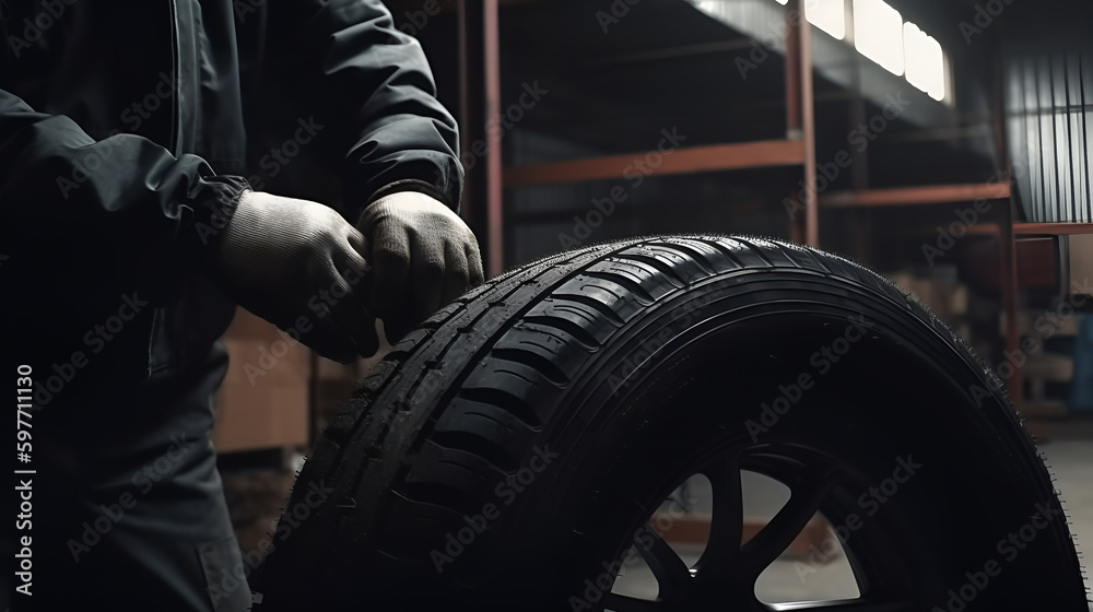 Dirt on the wheel. Mechanic holding a tire at the repair garage. Replacement of winter and summer tires generated by AI. Dirt on the wheel. Mechanic holding a tire at the repair garage. Replacement of winter and summer tires generated by AI.