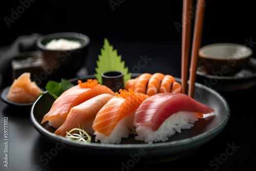 raw fresh salmon sushi Japanese food generated by AI.