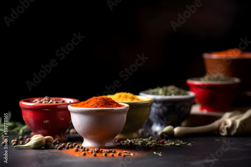 Different seasonings in cups. Spice background on the table generated by AI.