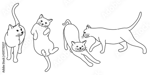 doodle Cat poses. Cartoon red fat striped cats emotions and behavior. Animal pet kitten playful, sleeping and scared. Cat body language vector set. Illustration pet cat, cute striped animal kitten