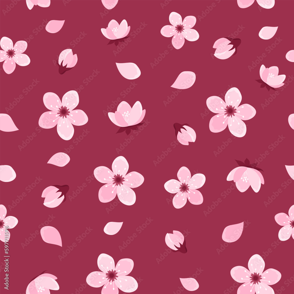Pink cherry tree flowers seamless pattern on dark pink background. Sakura blossom pattern. Vector illustration in flat style