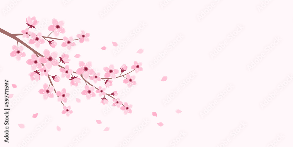 Pink cherry blossom branch with falling petals on a soft pink background, copy space. Vector illustration in flat style Pink cherry blossom branch with falling petals on a soft pink background, copy space. Vector illustration in flat style