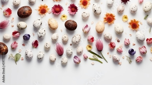 Springtime serenity: A dazzling Easter display of colorful quail eggs and fresh petals, set on a white canvas Embrace the beauty of nature and sea, Generative AI © Georgy
