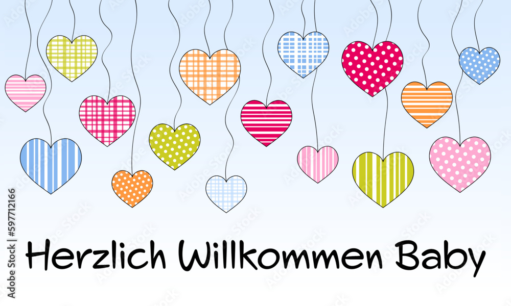 Herzlich Willkommen Baby Schriftzug in deutscher Sprache. Grußkarte