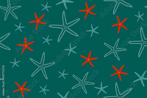 Beautiful seamless pattern with sea stars on teal green background. Summer motif. Can be used for fabric,fashion print pattern,cloth,textile,wallpaper,covers and decor.