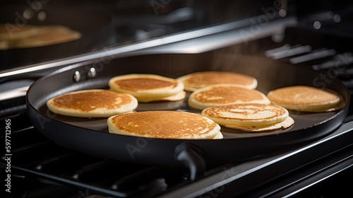 Pancakes cooking on a pan in a kitchen, generative ai