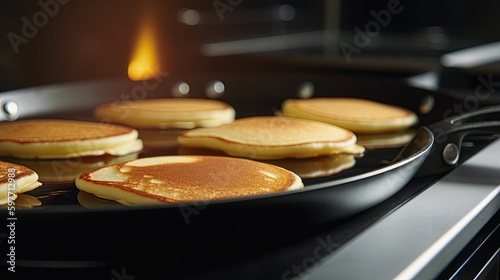 Pancakes cooking on a pan in a kitchen, generative ai