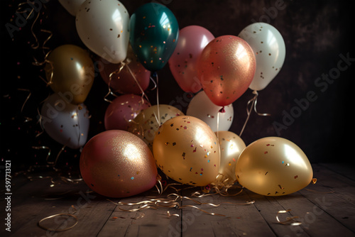 Balloons background with balloons, confetti, sparkles, lights. Anniversary. Banner for birthday, party, Christmas, New Year, promotion social media cover. Generative Ai