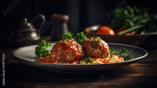 Meatballs with tomato sauce, green herbs and garnish . generative AI